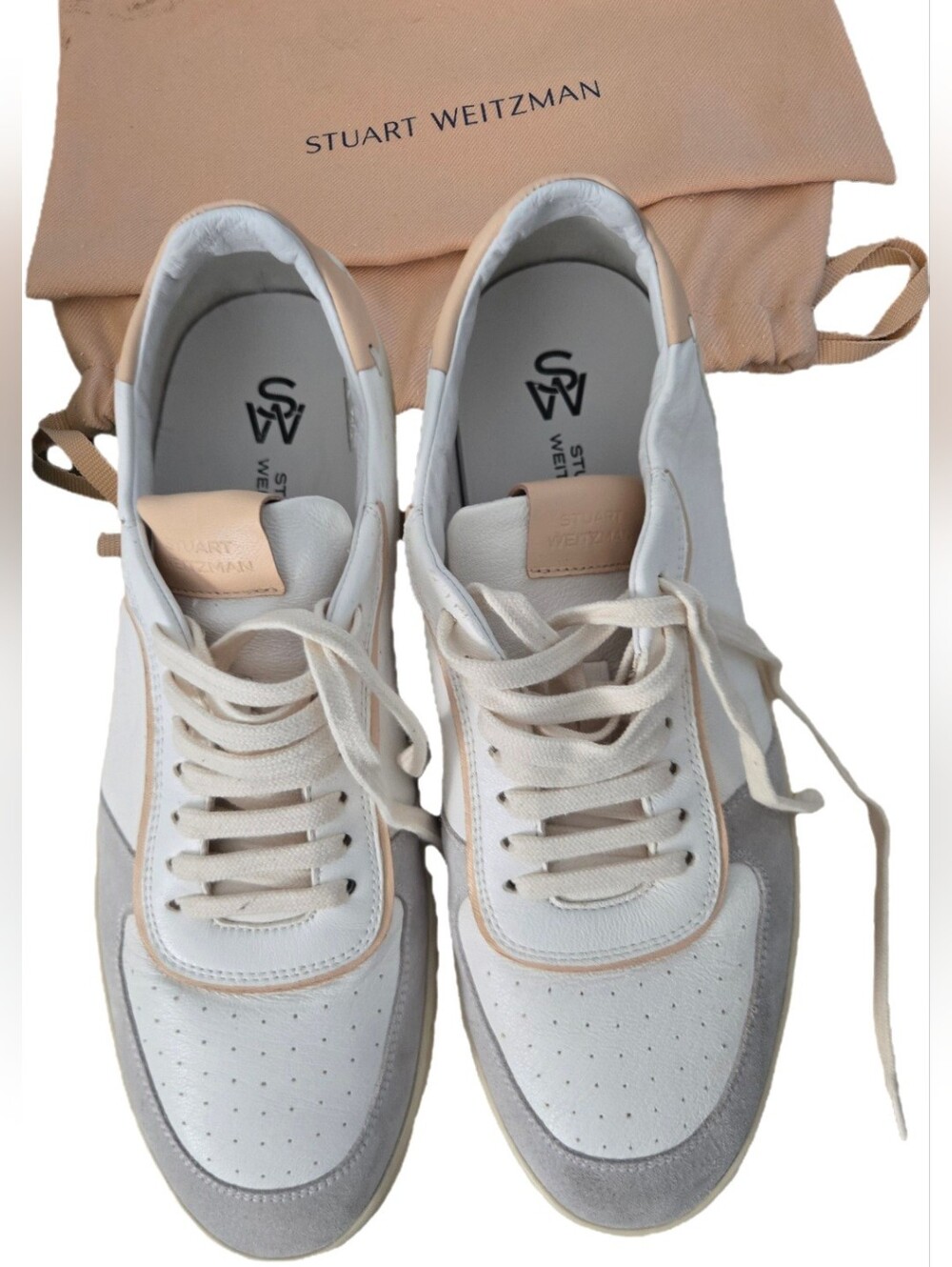 Stuart Weitzman Women's Derby Low Top Leather Sneakers Gray Pink White US 12/ 42